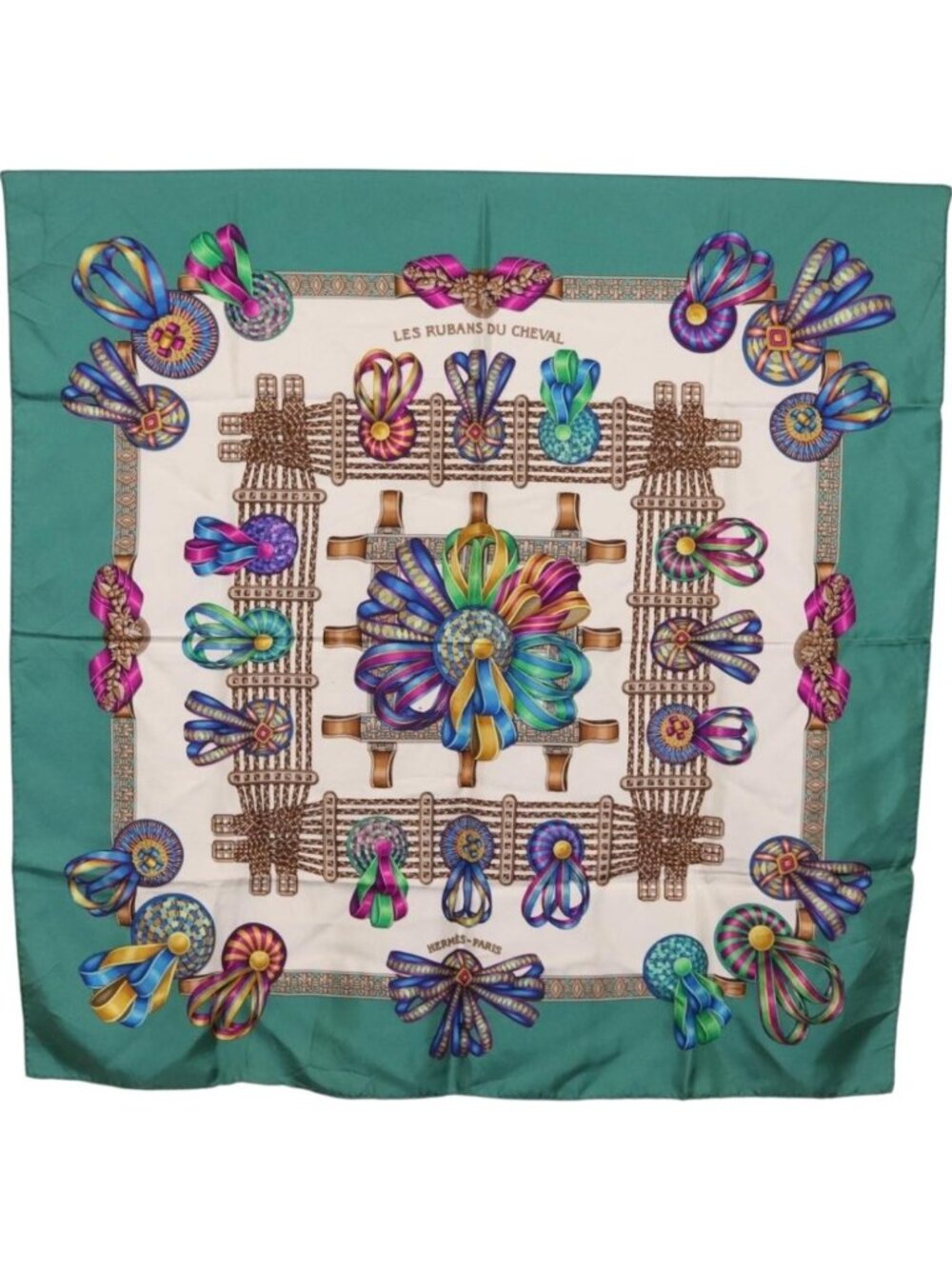 HERMES Carre 90 Scarf ""LES RUBANS DU CHEVALL"" Silk Green